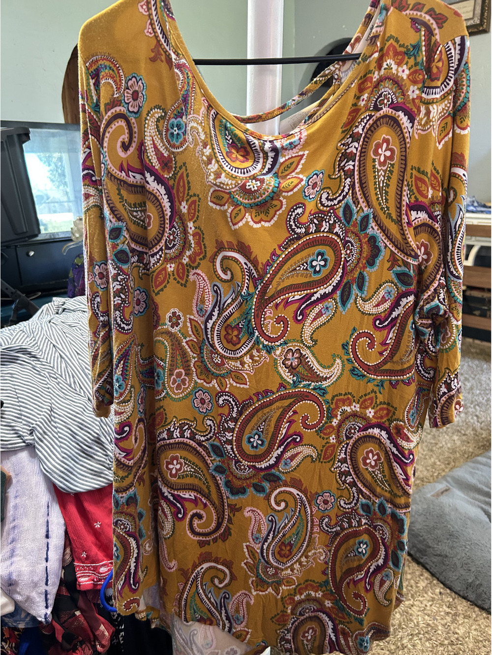 Terra & Sky 3X Mustard Paisley Print Dress with 3/4 Sleeves
